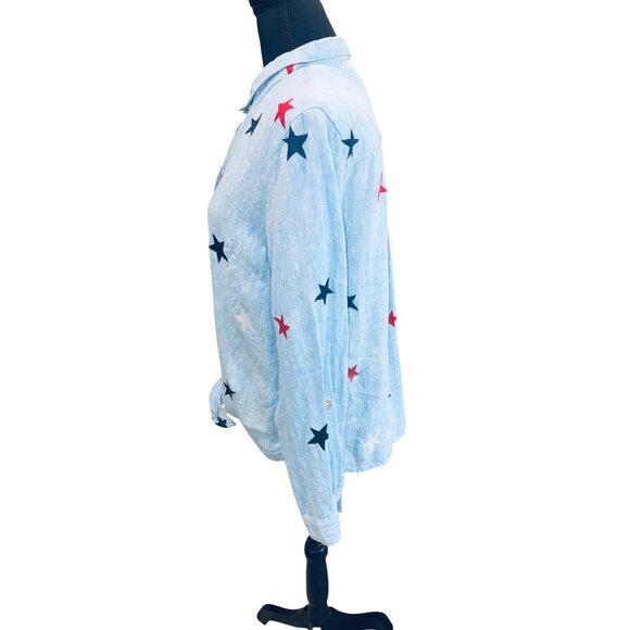 John Mark Sky Blue Embroidered Star Linen Patriotic USA Button Up Top Money - Picture 3 of 9